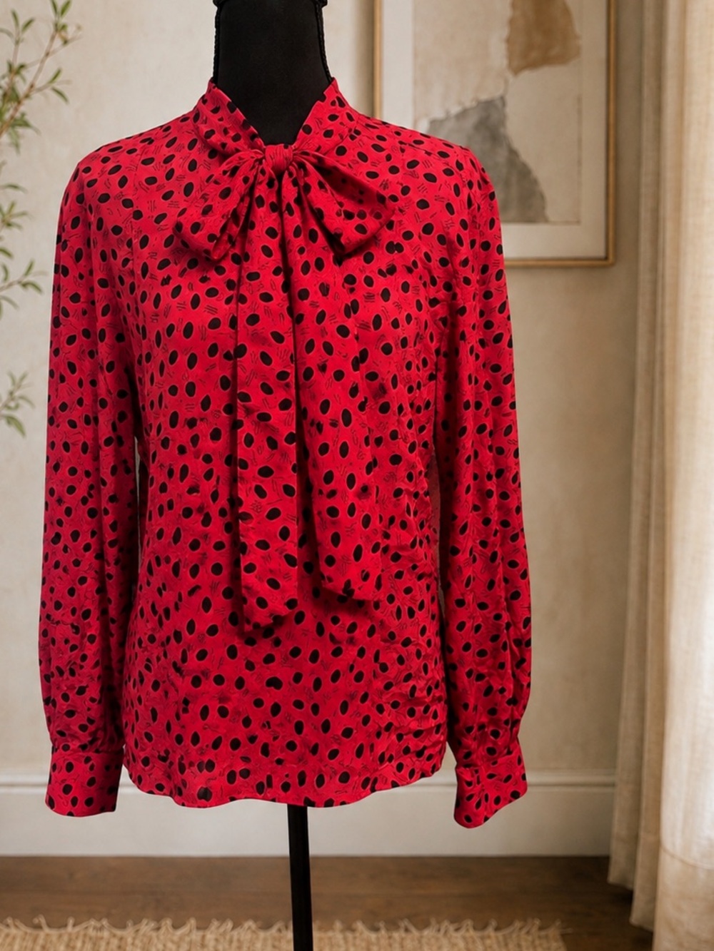 Christian Dior Womens Red Black Polka Dot Tie-Neck Blouse